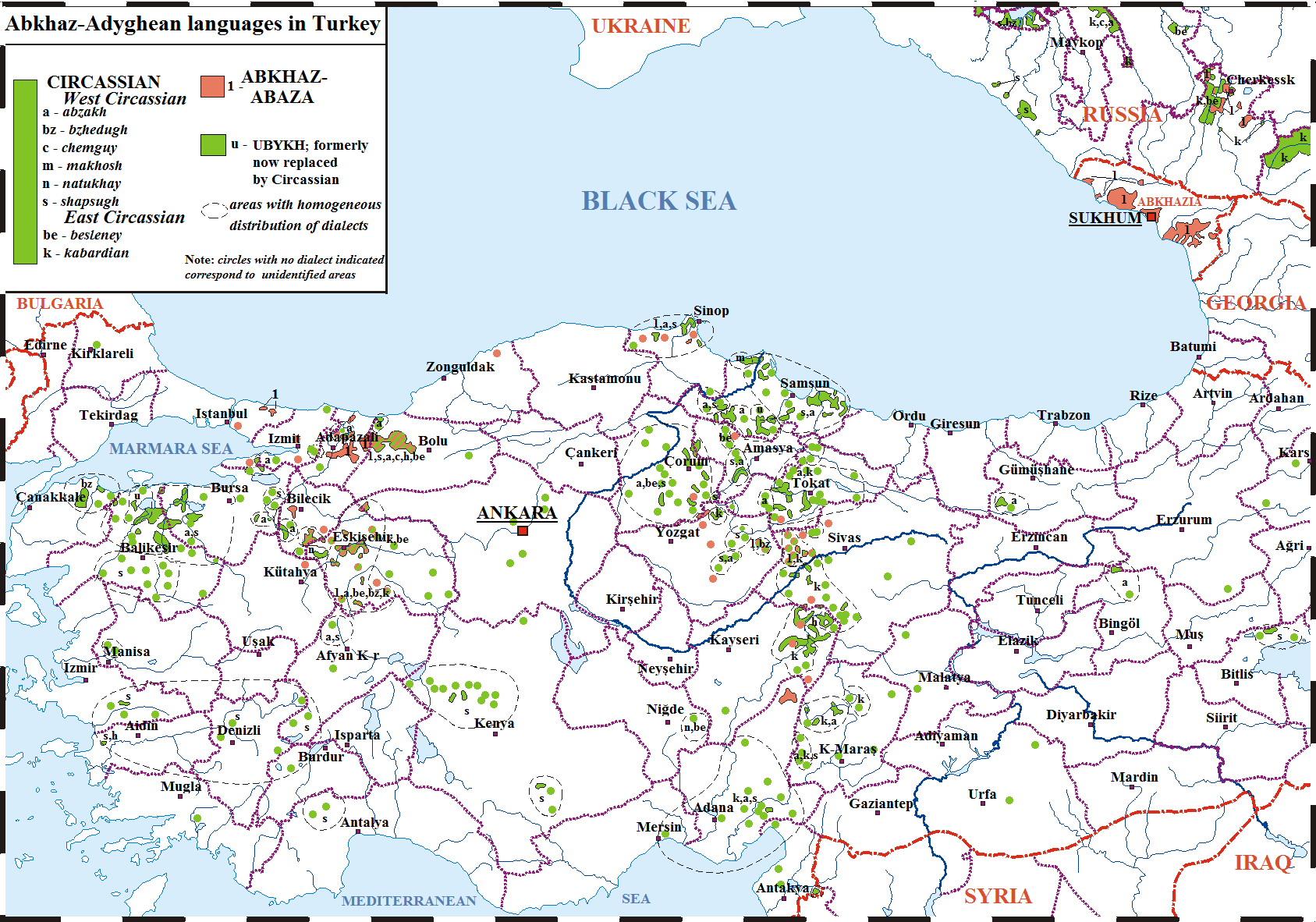 Türkiyedeki Çerkes, Abaza, Çeçen, Lezgi ve saire Kafkas yerleşimleri