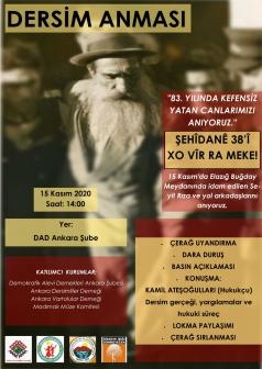 Seyit Rıza ve arkadaşları, 15 Kasım’da DAD Ankara Şube’de anılacak