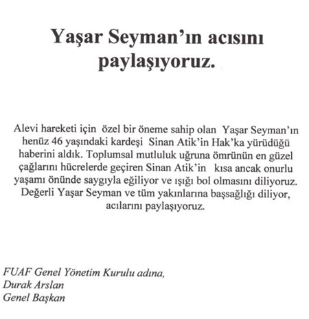 FUAF : Yaşar Seyman'ın acısını paylaşıyoruz